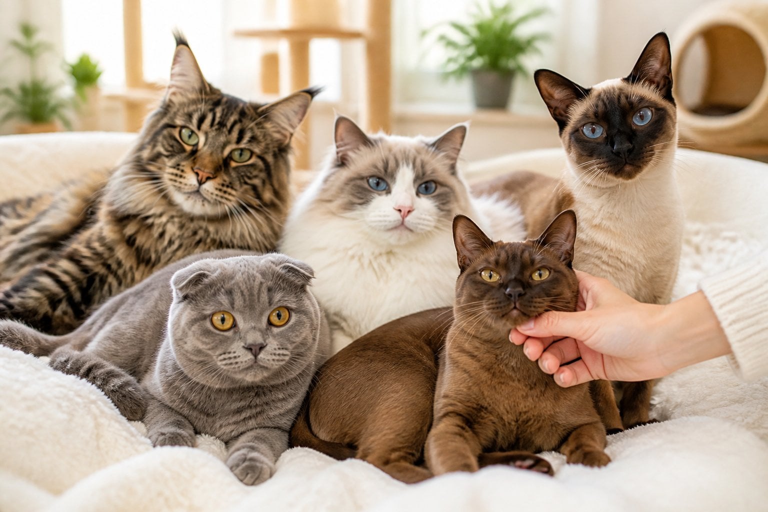A group of various friendly cat breeds sitting together indoors, some being gently petted by a person.