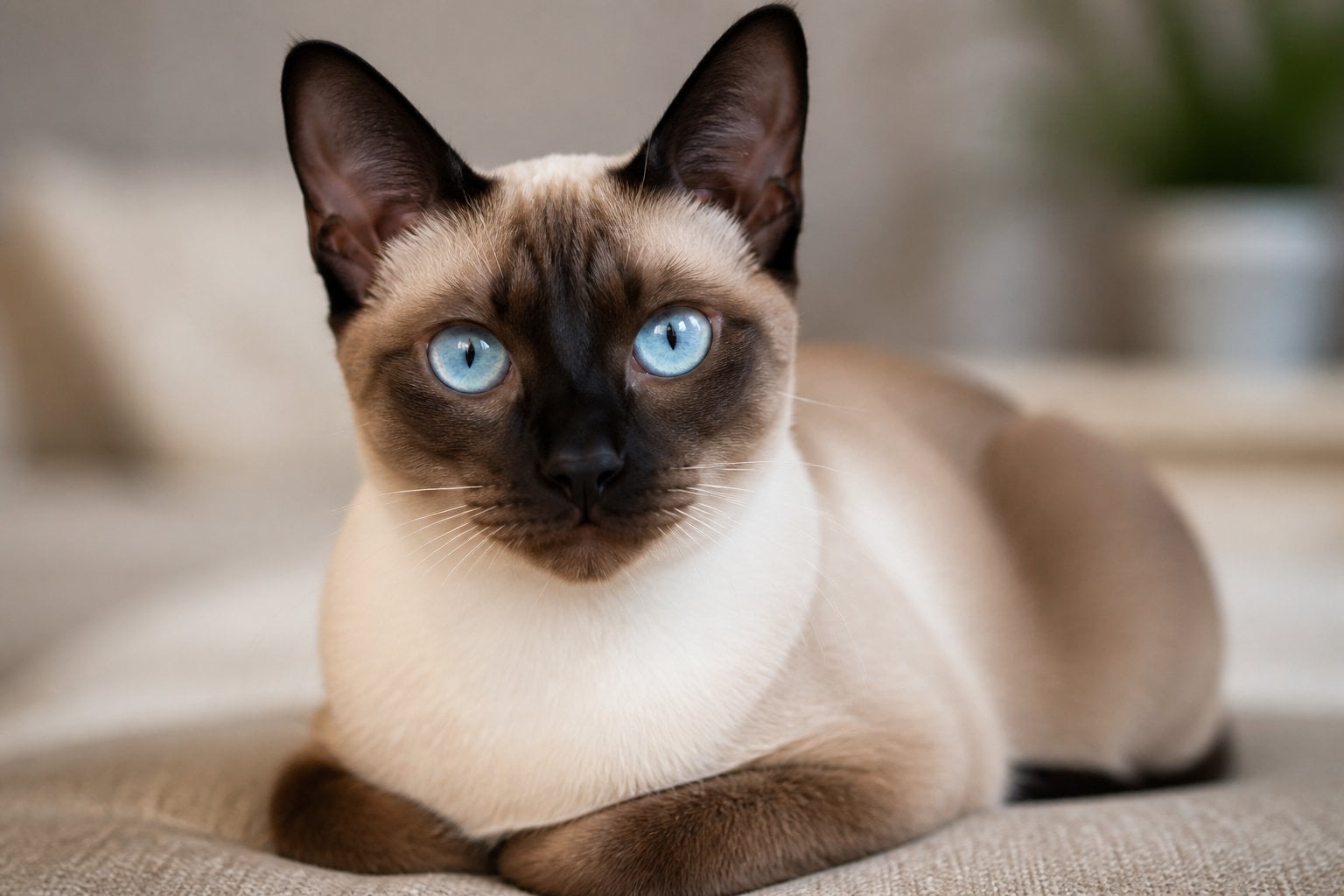 A Siamese cat with blue eyes sitting indoors on a soft surface, looking alert and friendly.