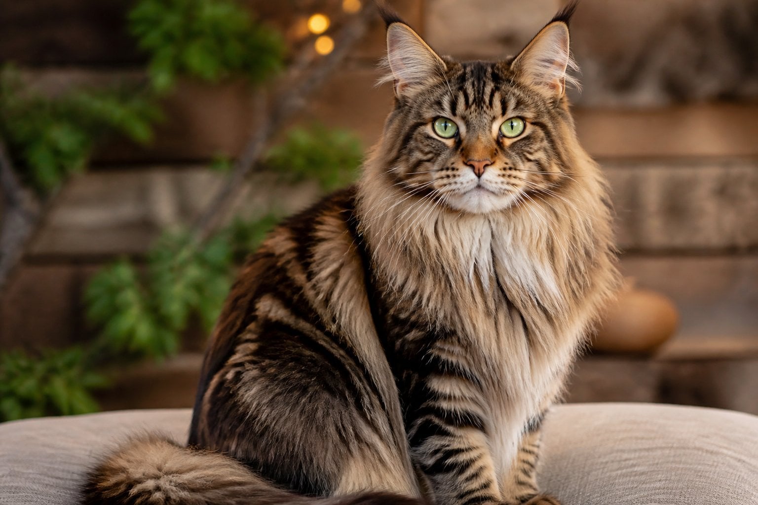 A Maine Coon cat with long fur and tufted ears sitting calmly on a soft surface with a blurred natural background.
