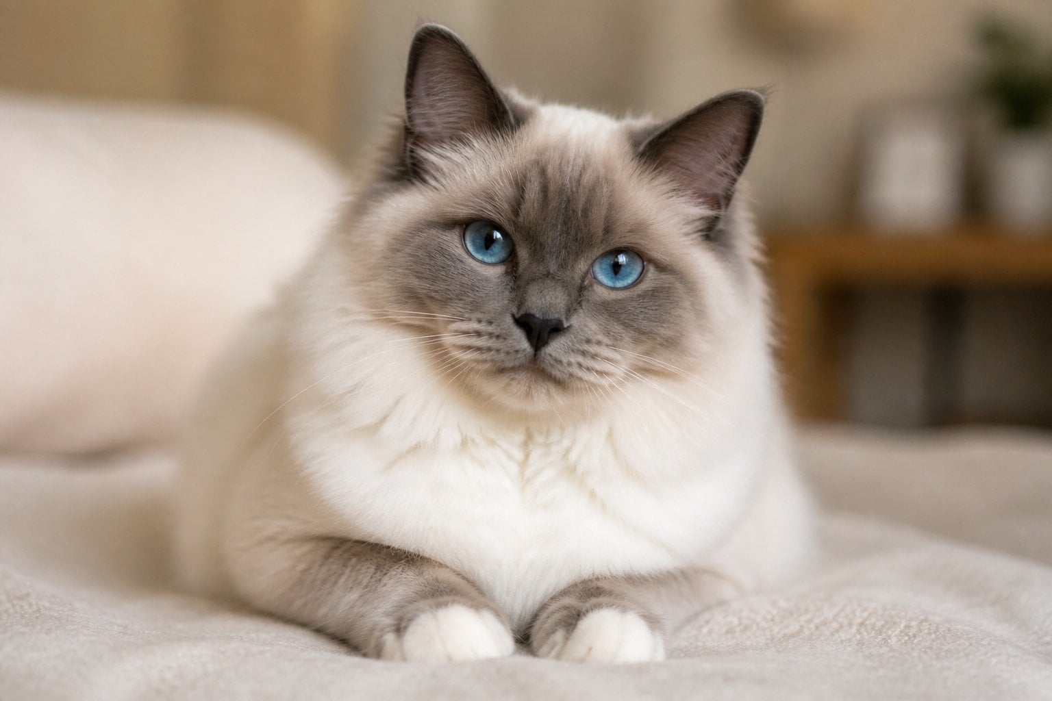A Ragdoll cat with blue eyes sitting comfortably indoors on a soft surface, looking calm and friendly.