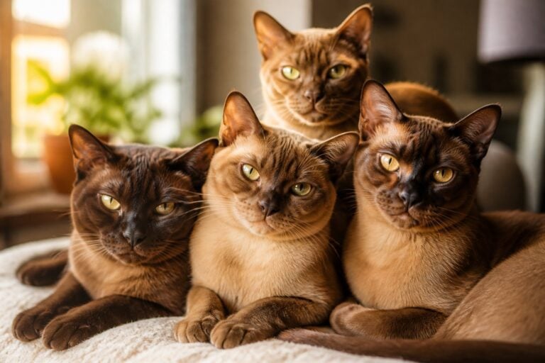 A group of Burmese cats with brown and golden coats sitting and relaxing together indoors in natural light.