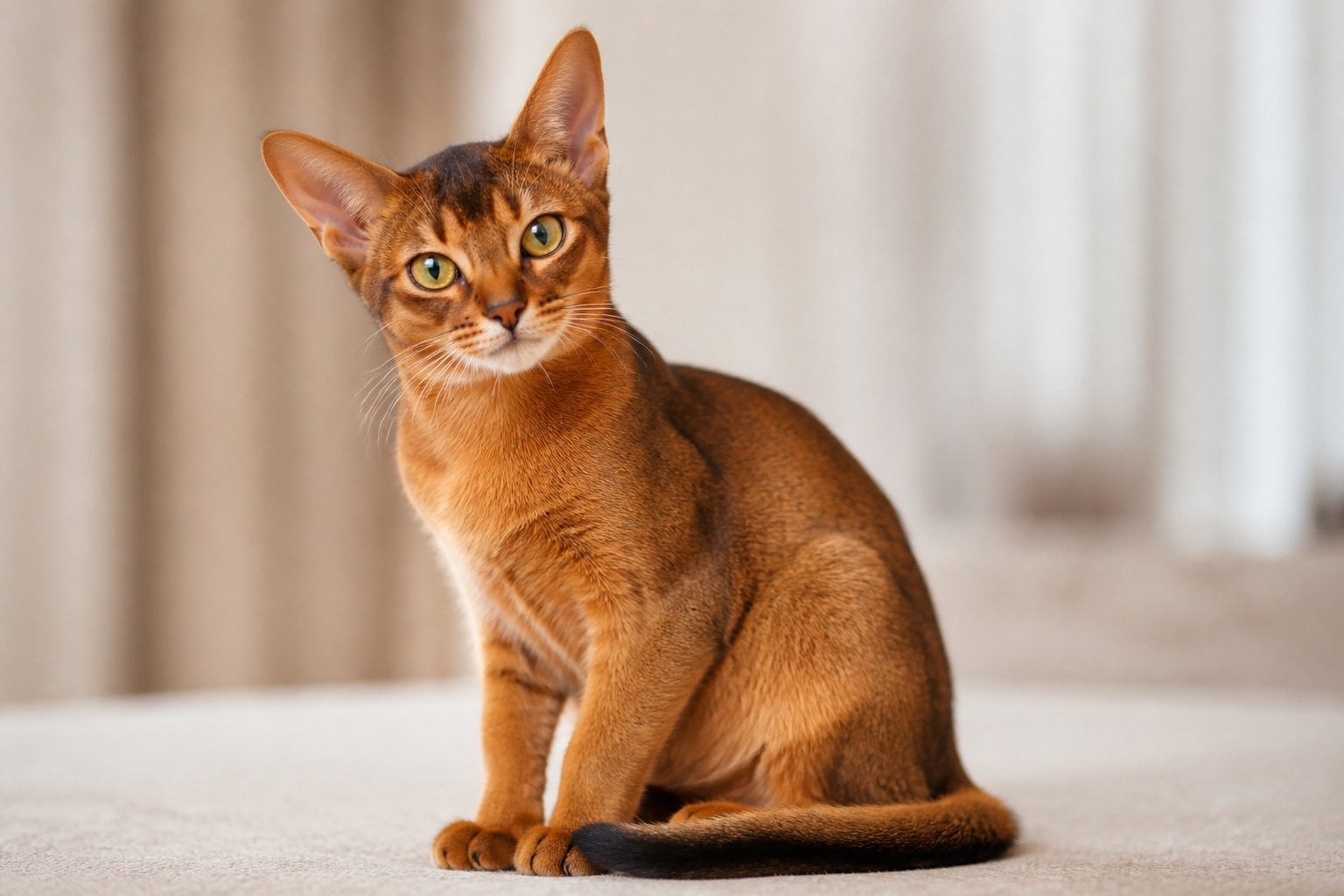 An Abyssinian cat sitting calmly with a reddish-brown coat and large ears, looking curious and gentle.