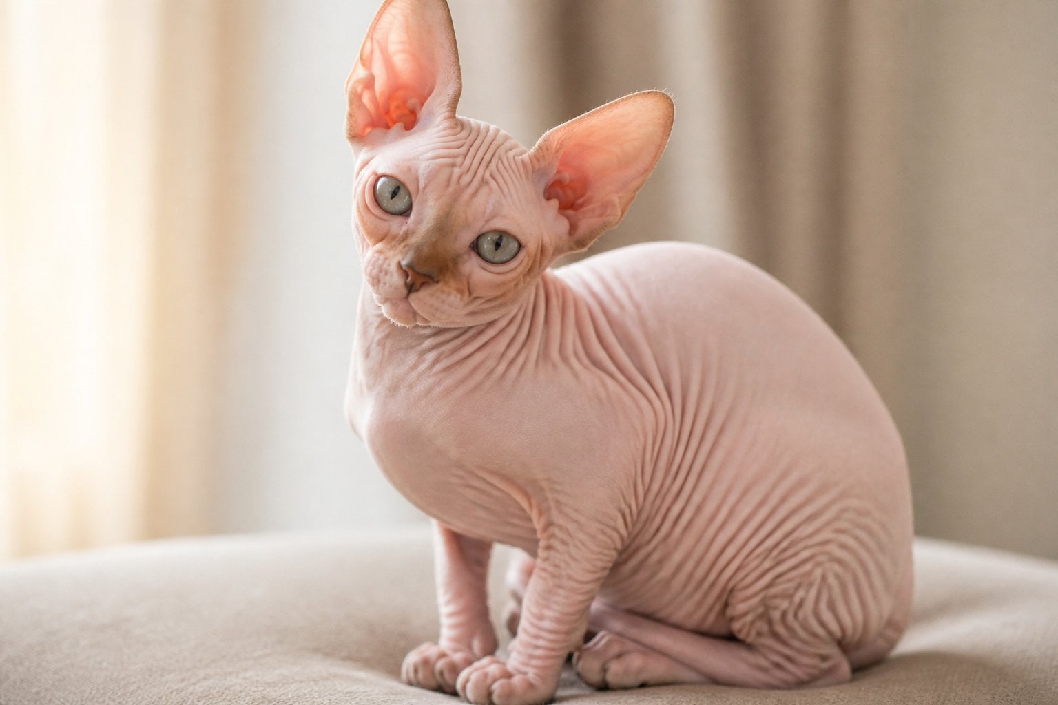 A hairless Sphynx cat sitting calmly and looking towards the camera.