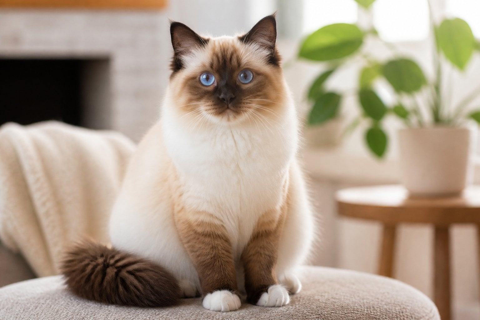 A Birman cat with blue eyes sitting indoors on a soft surface, looking calmly at the camera.