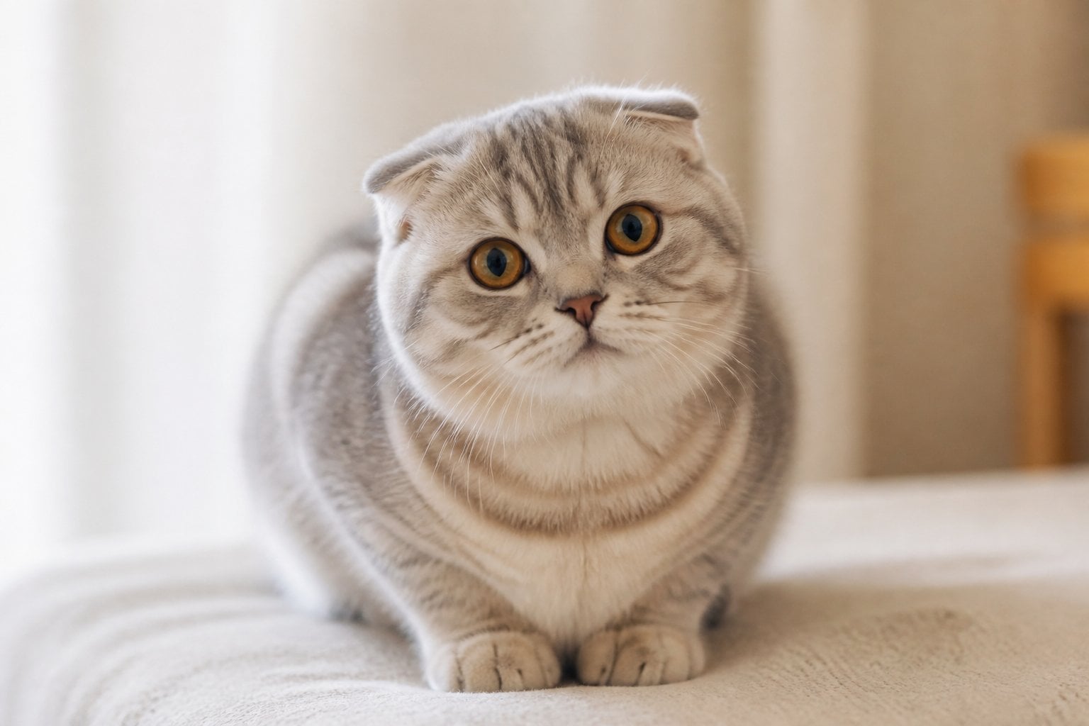A Scottish Fold cat with folded ears sitting calmly and looking towards the camera.