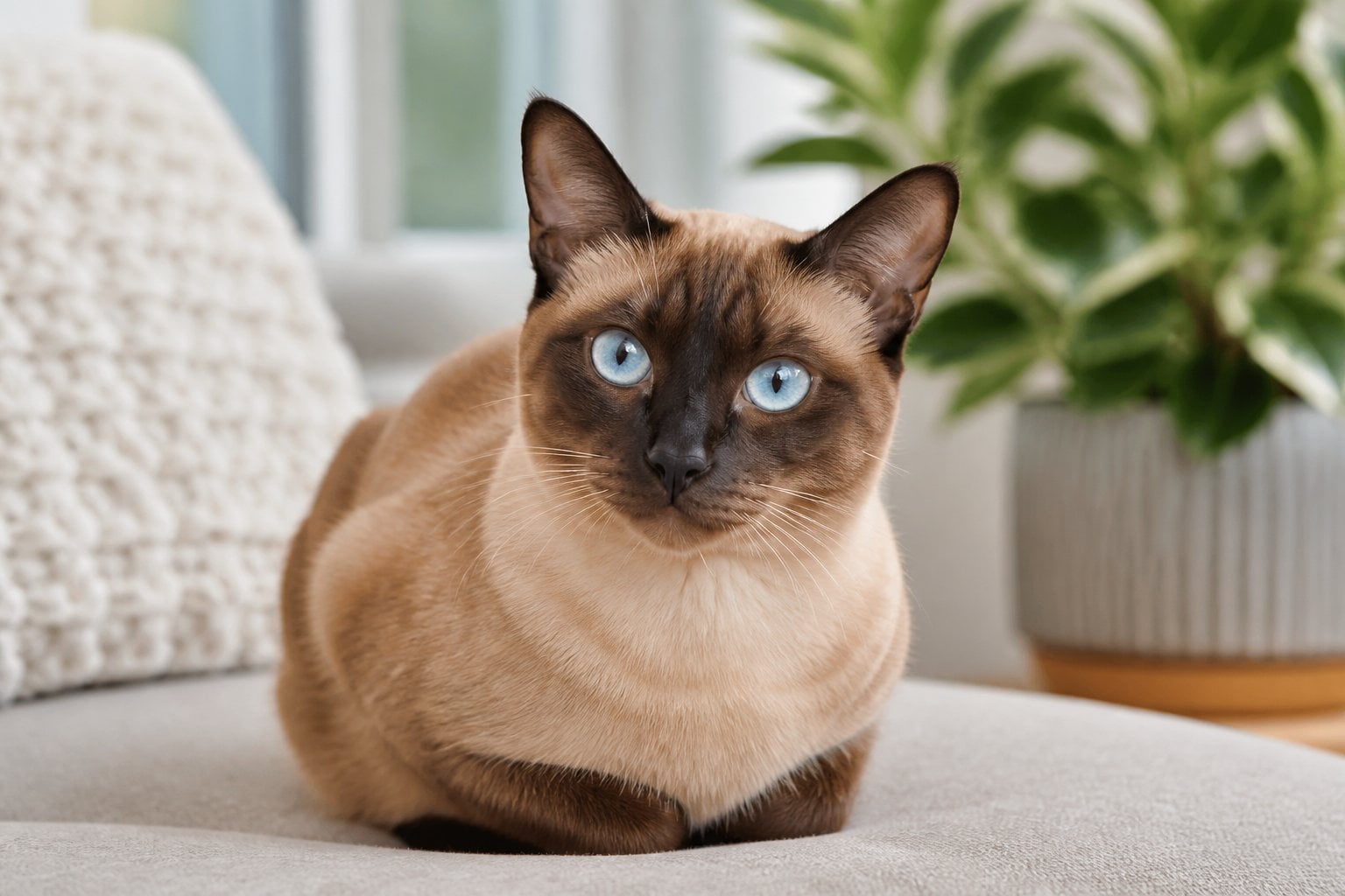 A Tonkinese cat with blue eyes sitting comfortably indoors on a soft surface, looking calm and friendly.