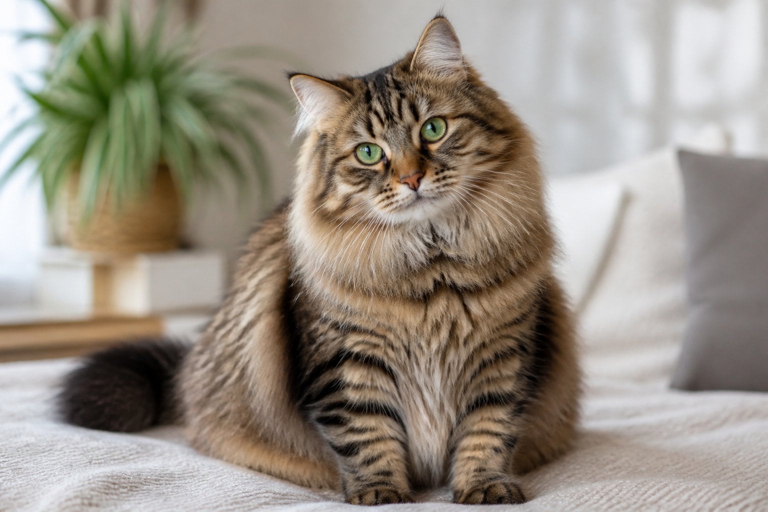 A Siberian cat with thick fluffy fur sitting calmly indoors, looking friendly and relaxed.