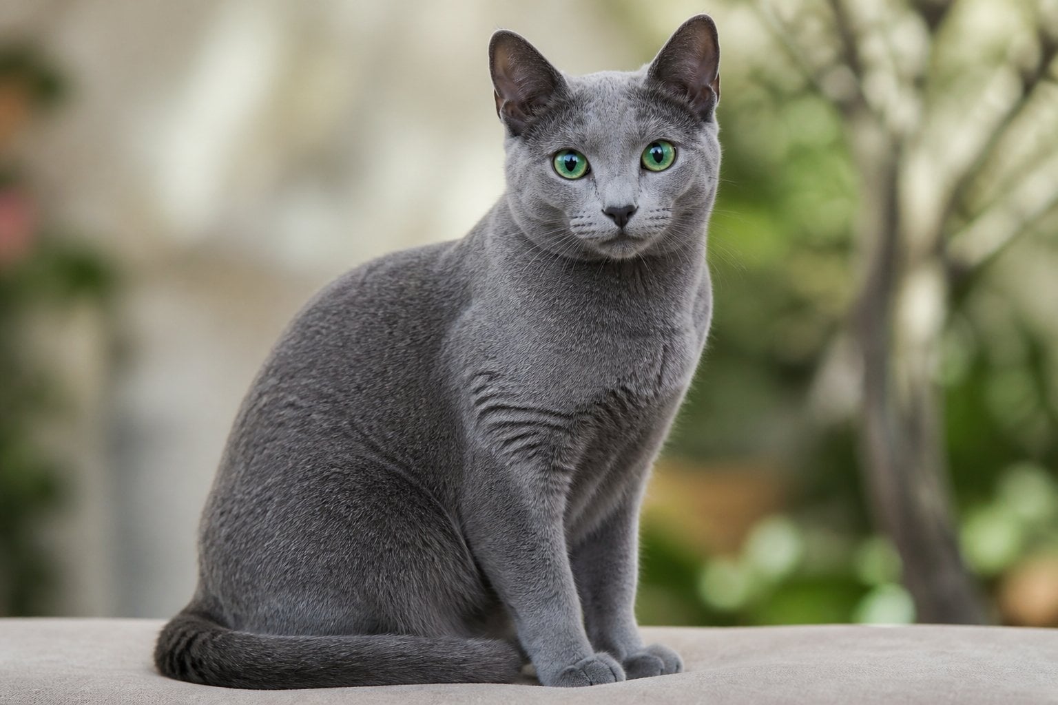 A Russian Blue cat sitting calmly with green eyes and silver-blue fur against a soft, blurred background.