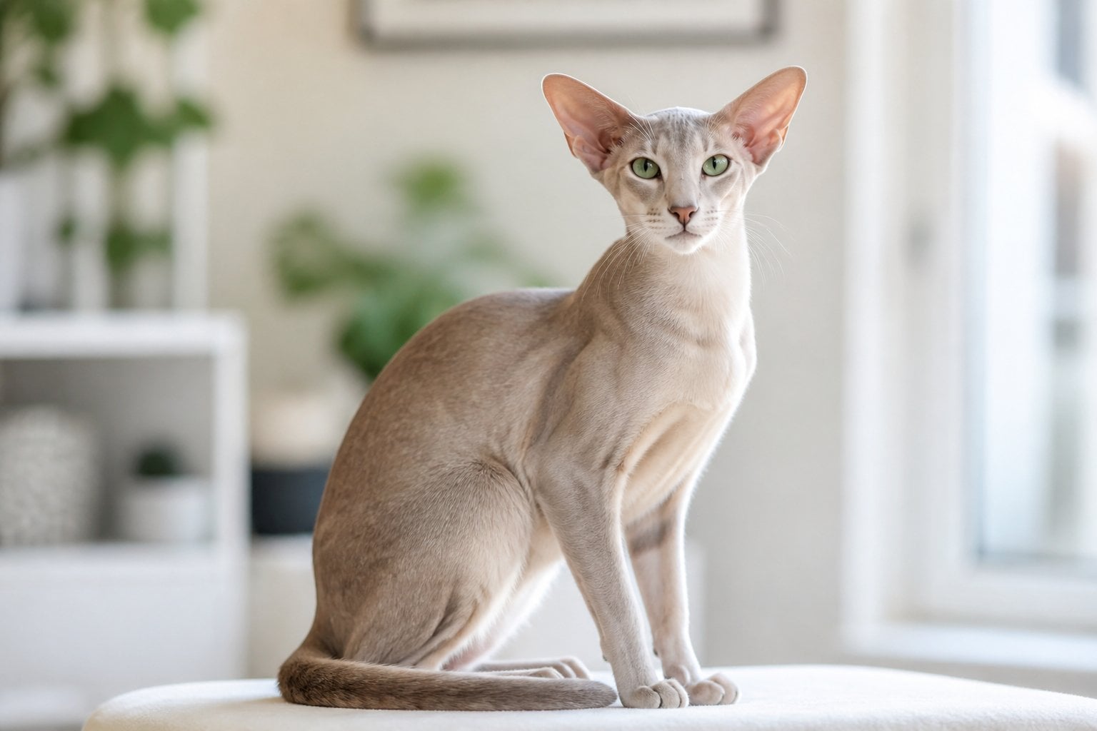 An Oriental Shorthair cat sitting gracefully indoors with large ears and a slender body.