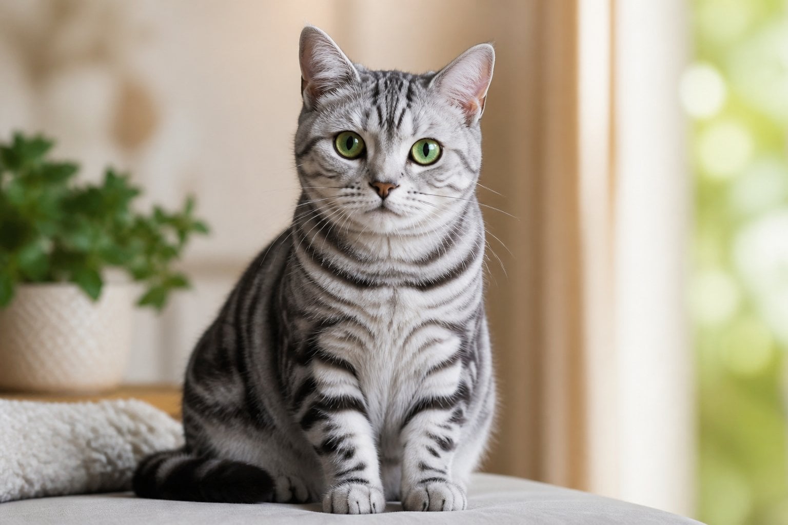 An American Shorthair cat with silver tabby markings sitting calmly on a soft surface indoors.