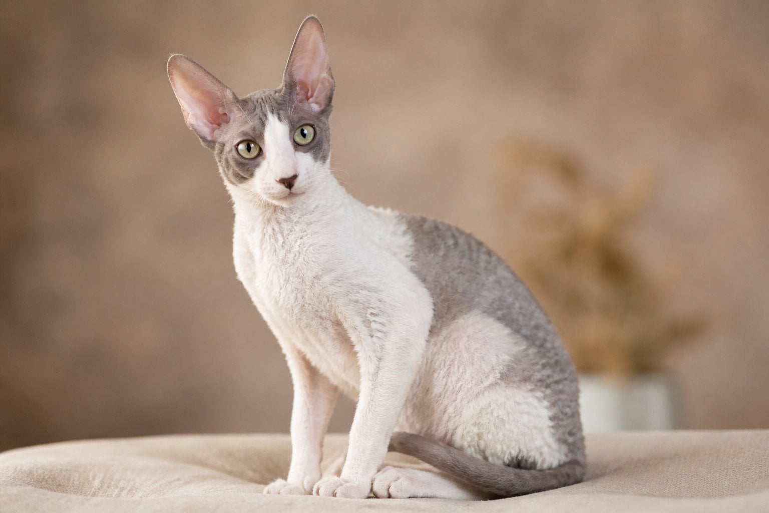 A slender Cornish Rex cat with large ears and wavy fur sitting calmly on a soft surface.