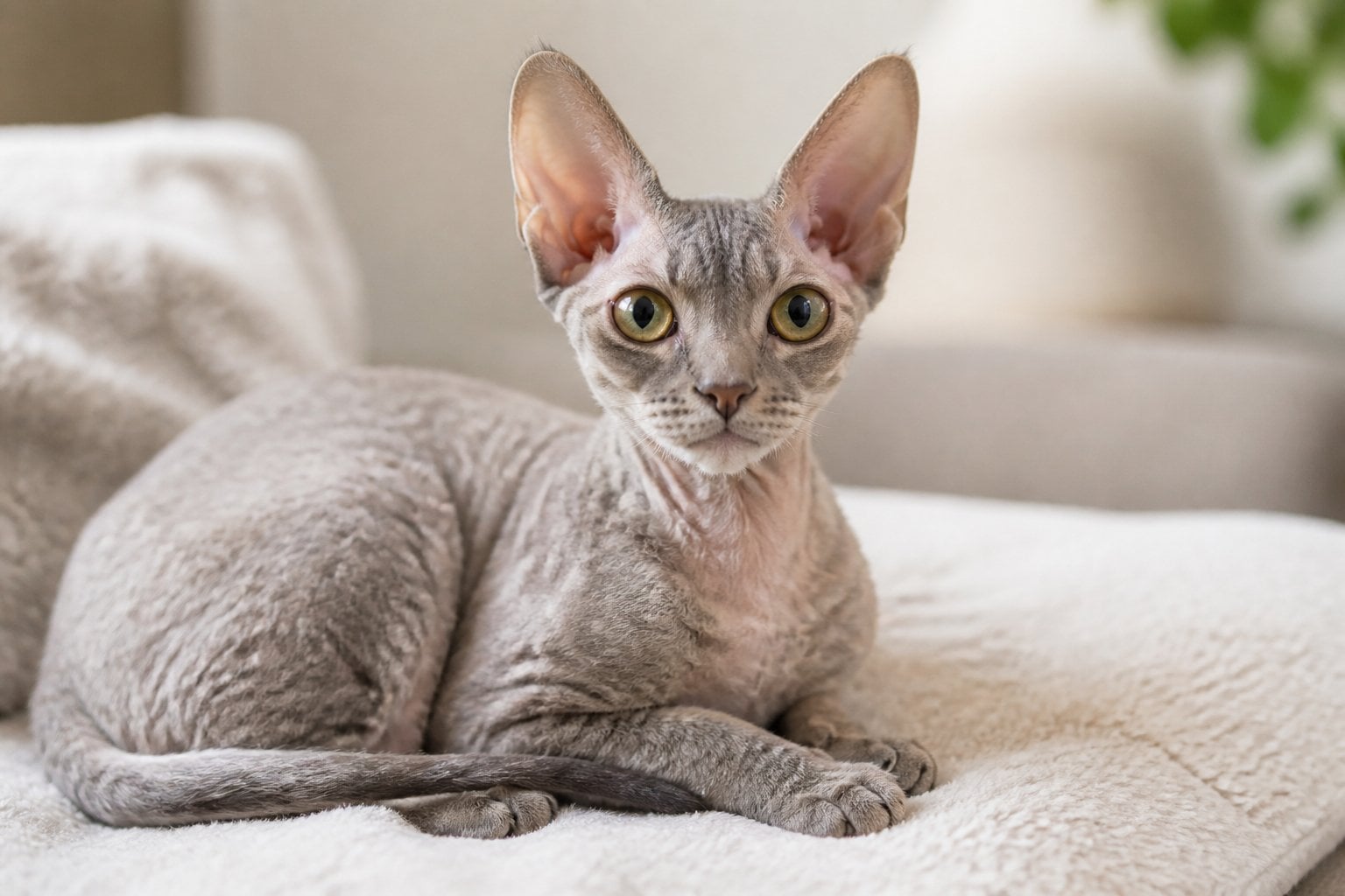 A Devon Rex cat with large ears and expressive eyes sitting comfortably indoors on a soft surface.
