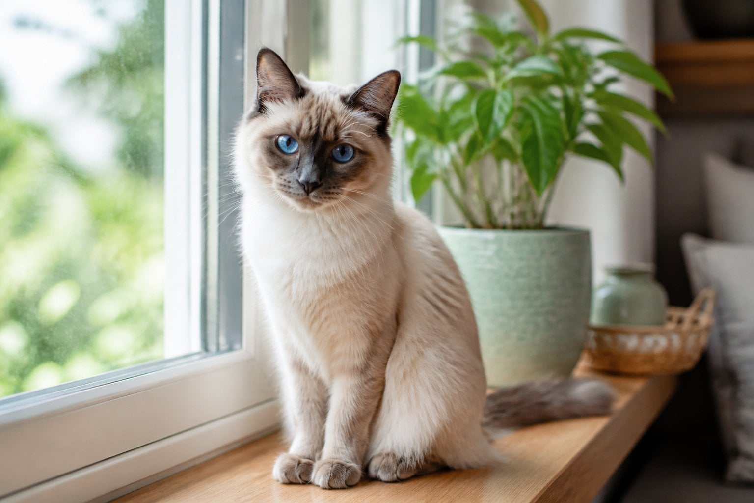 A Balinese cat with cream-colored fur and blue eyes sitting on a wooden windowsill in a cozy indoor setting.
