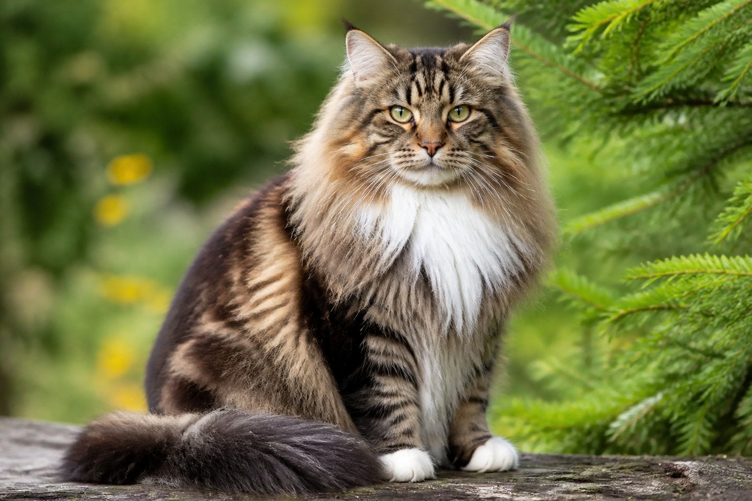 A Norwegian Forest Cat with long fluffy fur sitting on a wooden surface surrounded by green plants, looking attentively forward.