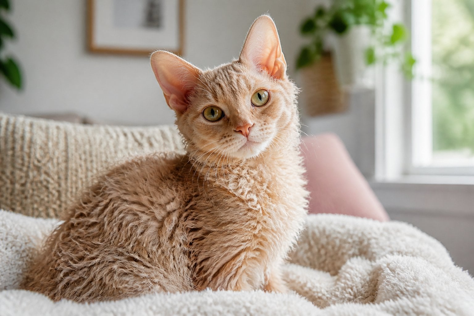 A curly-furred LaPerm cat sitting comfortably indoors with a gentle and curious expression.
