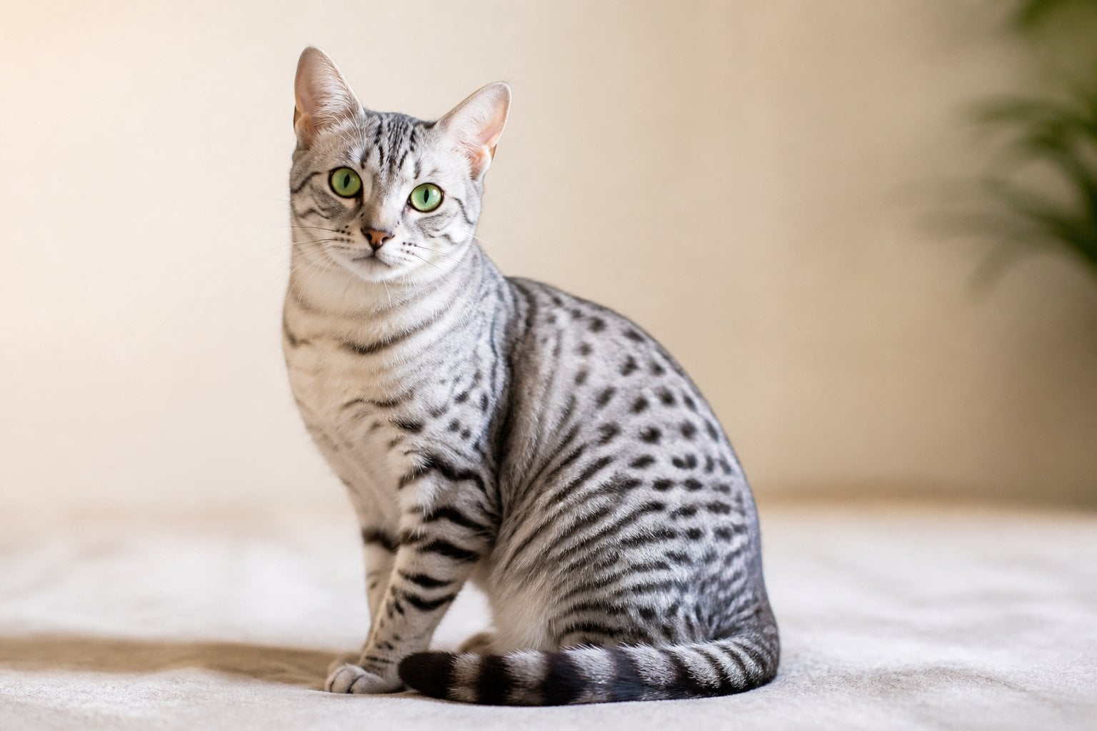 An Egyptian Mau cat with a spotted silver coat and green eyes sitting calmly on a neutral surface.
