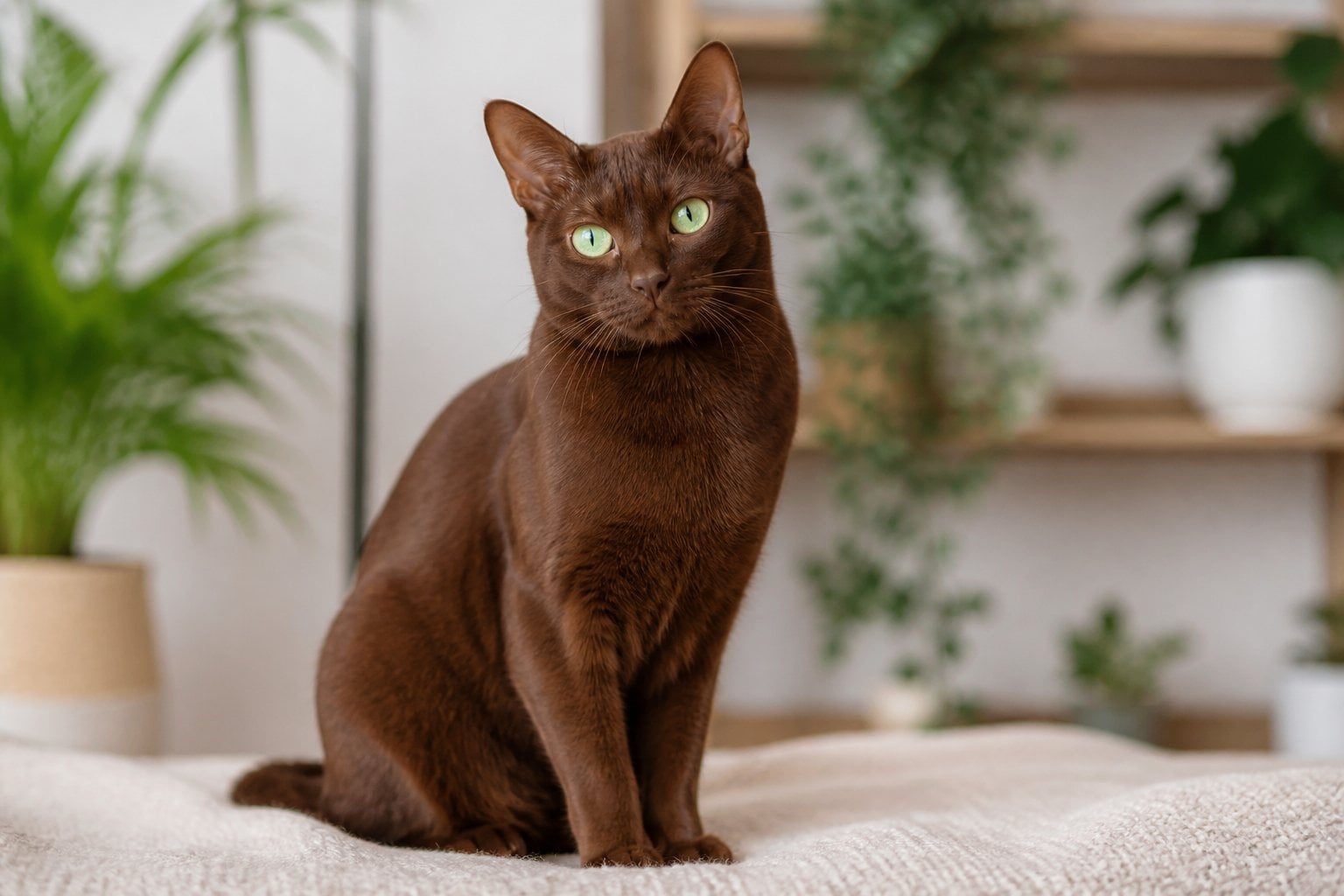 A Havana Brown cat with green eyes sitting calmly indoors on a soft surface, surrounded by a cozy home environment.