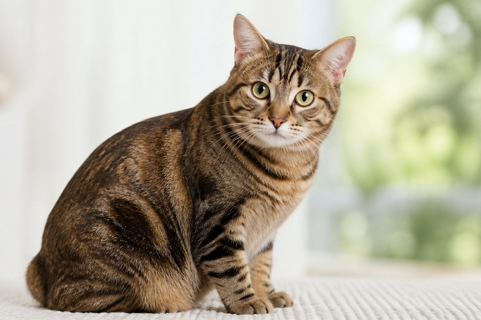 A Manx cat with a short tail sitting calmly and looking towards the camera.