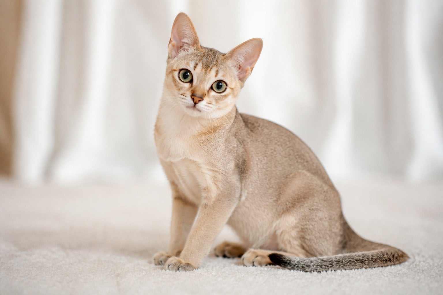 A Singapura cat sitting on a soft surface indoors, looking curious and friendly.