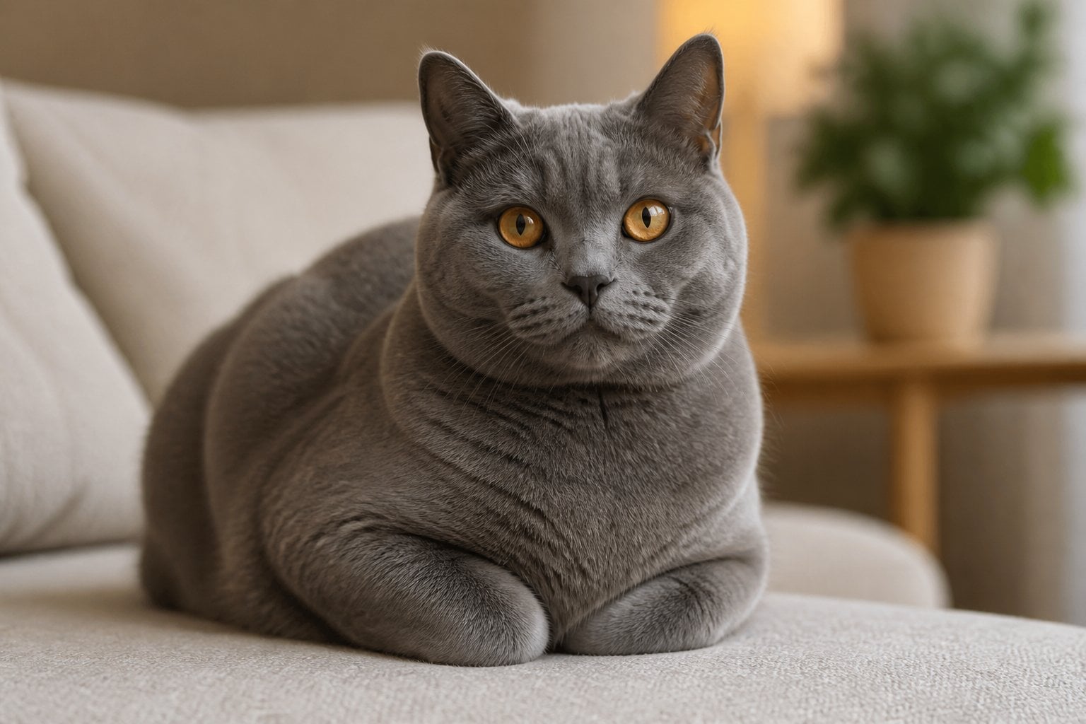 A Chartreux cat with blue-gray fur and copper eyes sitting calmly indoors on a soft surface.
