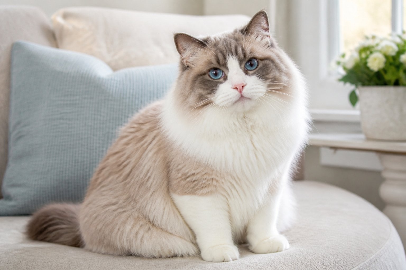 A fluffy Ragamuffin cat with blue eyes sitting on a soft surface in a bright indoor space.