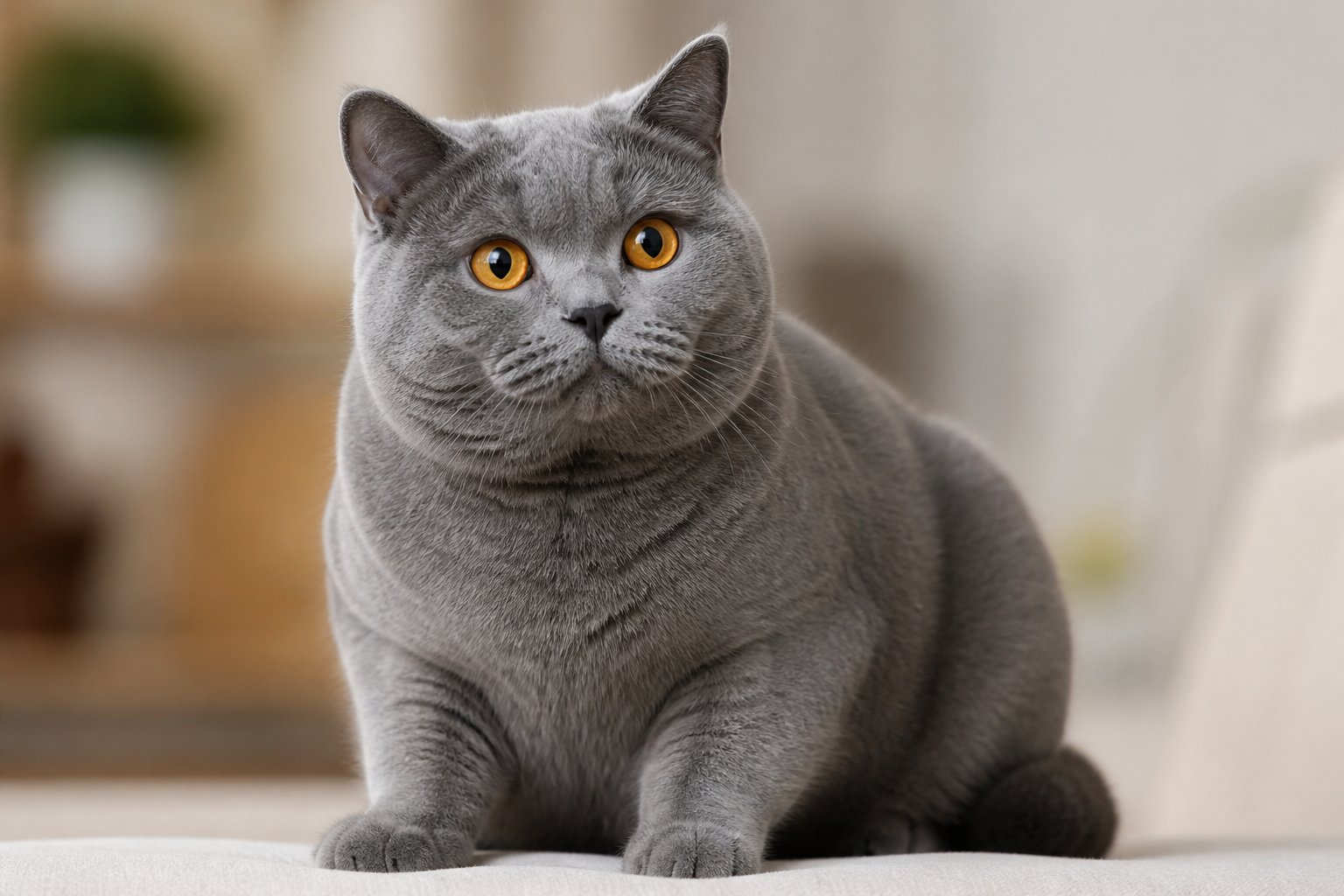 A British Shorthair cat with gray-blue fur and copper eyes sitting calmly indoors.
