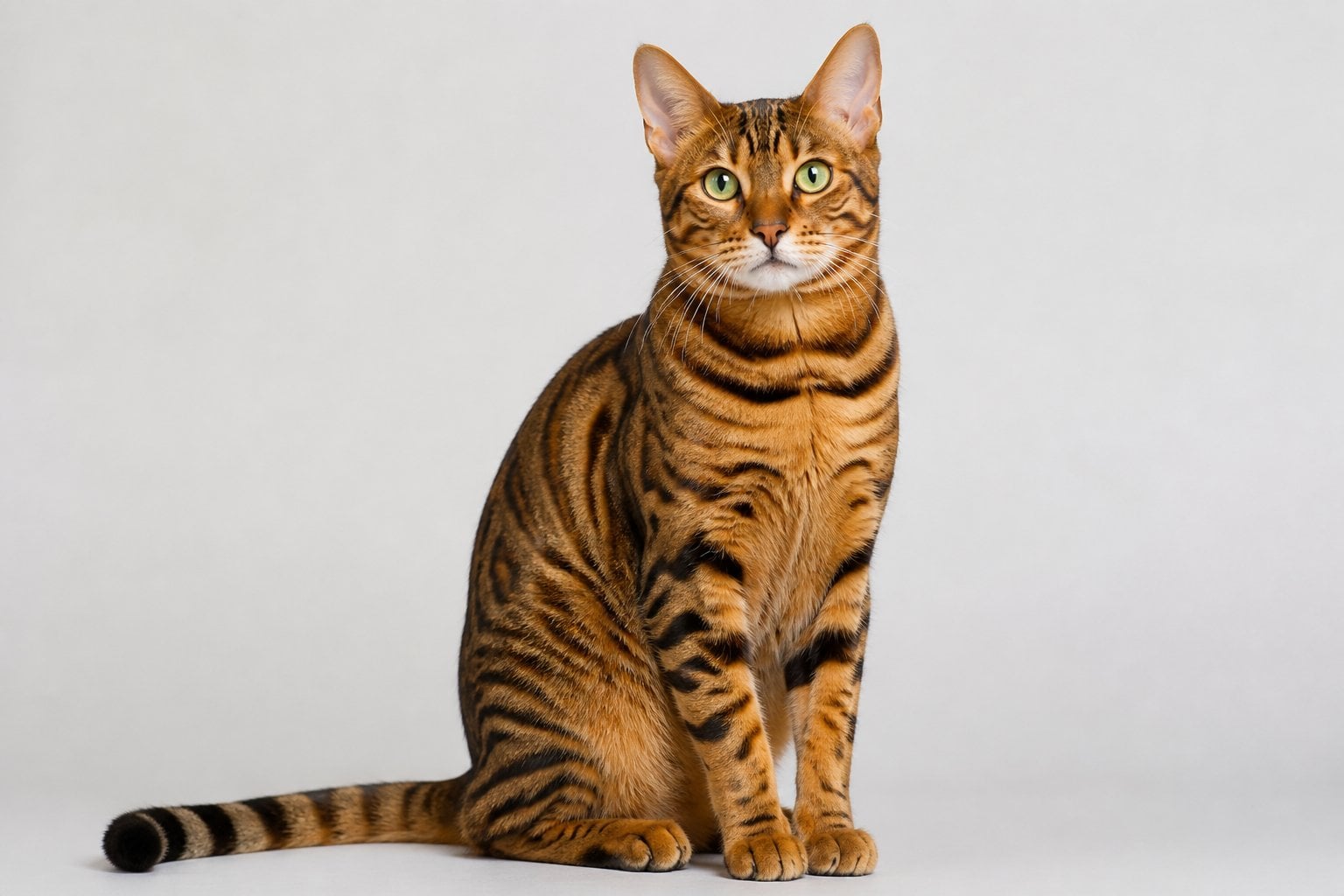 A Toyger cat with orange and black stripes sitting calmly and looking at the camera.