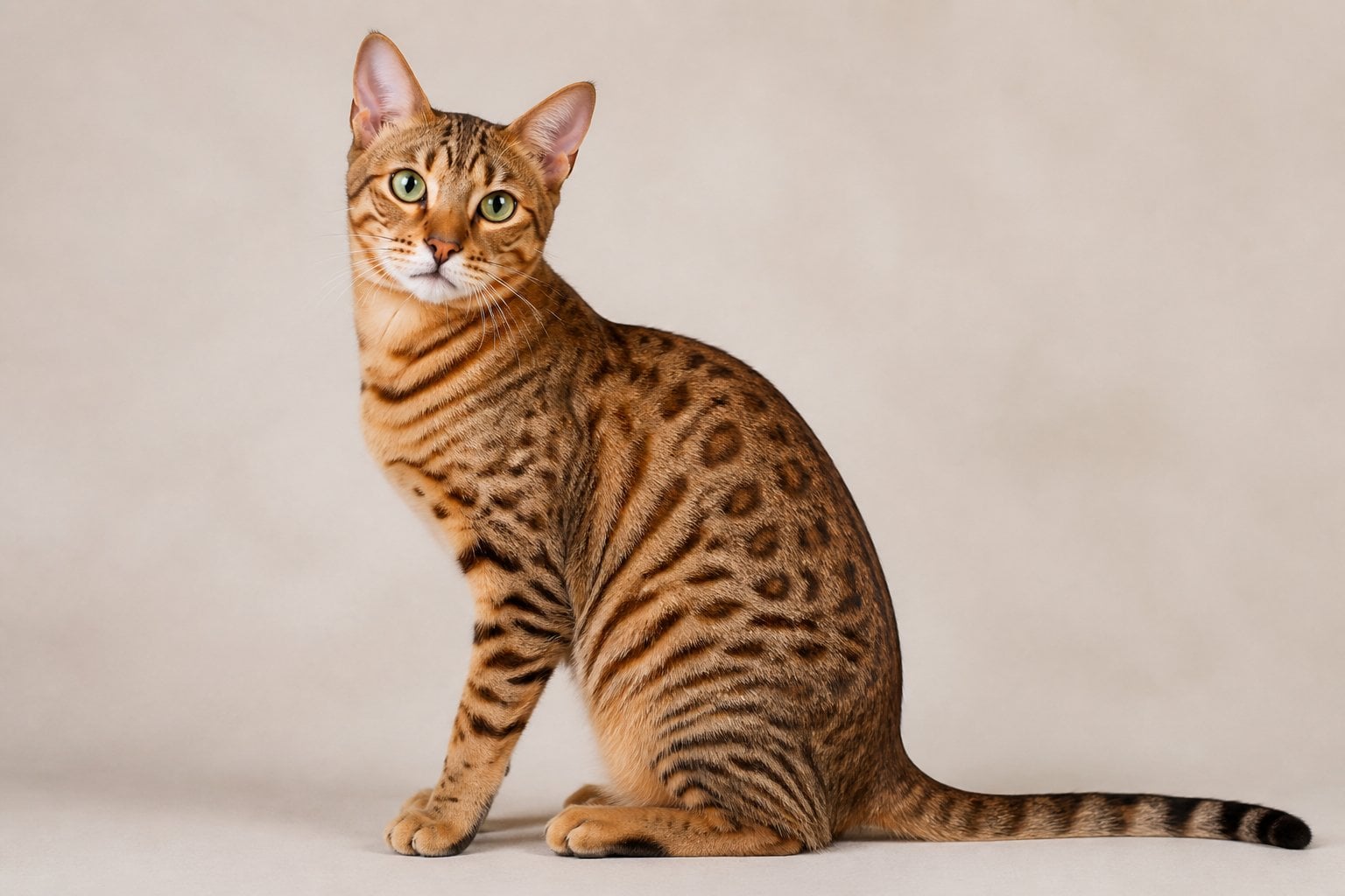 An Ocicat cat with a spotted coat sitting calmly and looking forward.