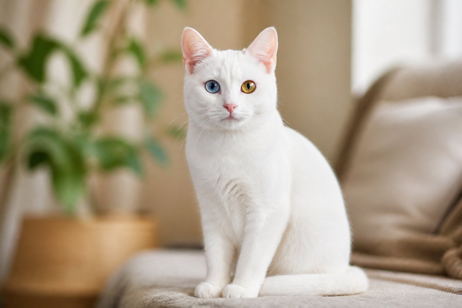 A white Khao Manee cat with blue and gold eyes sitting calmly on a soft surface, looking at the camera.