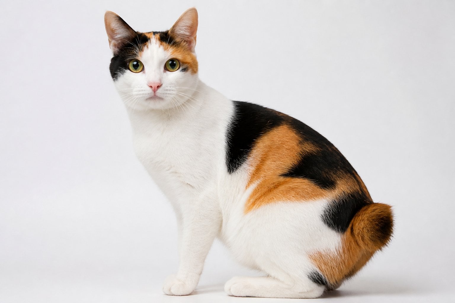 A Japanese Bobtail cat with a short tail and tri-color fur sitting calmly on a neutral background.