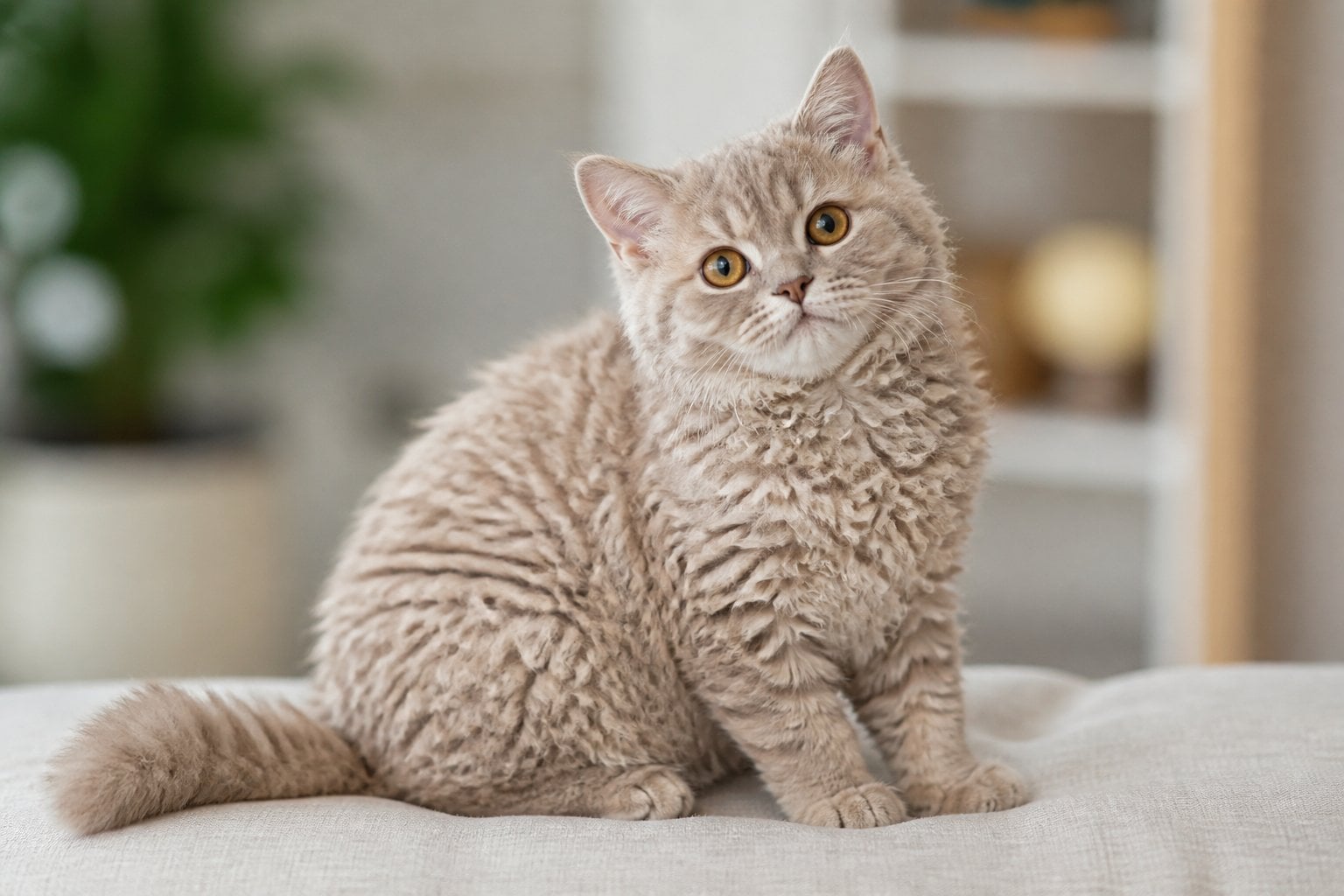 A Selkirk Rex cat with curly fur sitting indoors on a soft surface, looking calm and friendly.