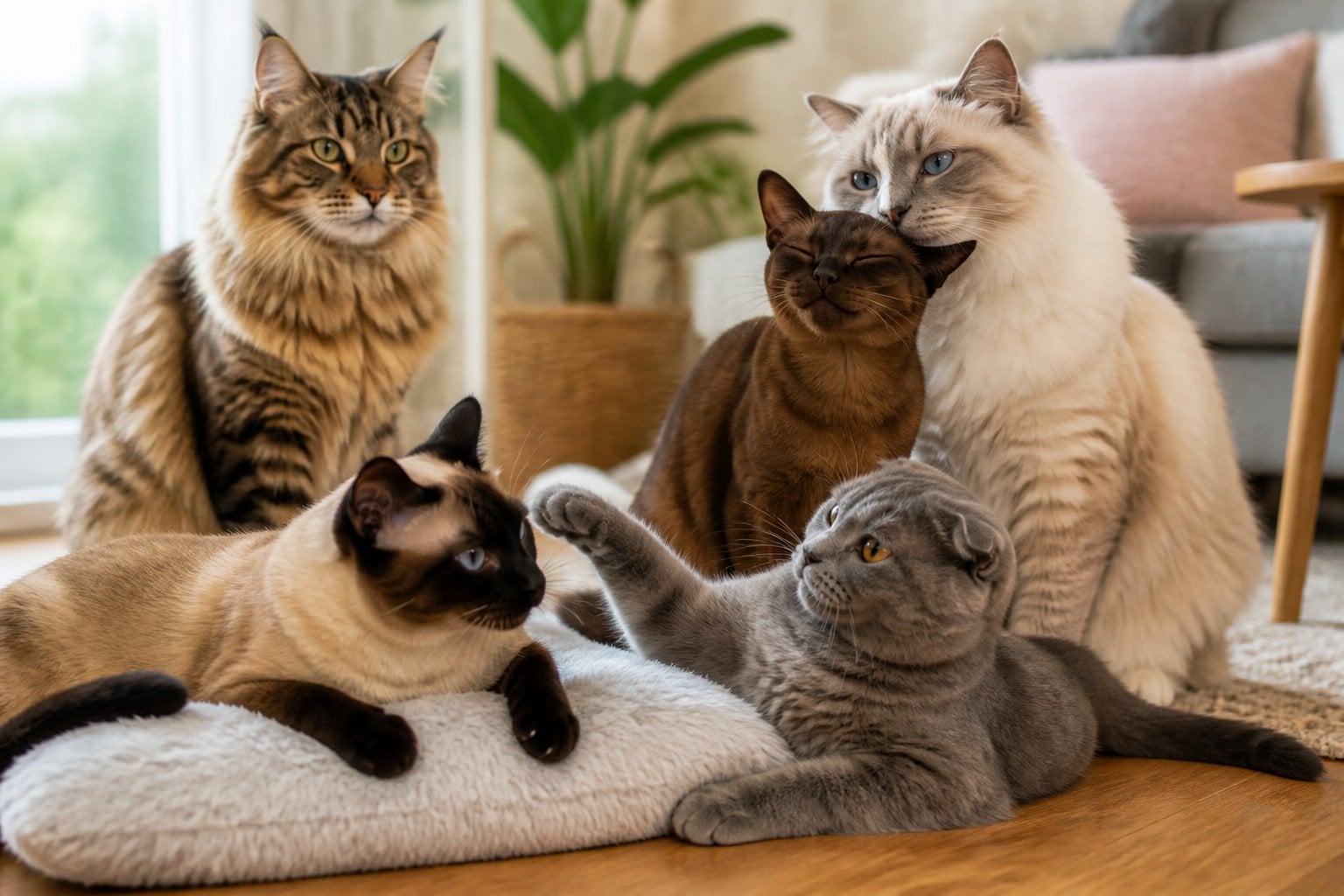 Several friendly cats of different breeds peacefully interacting together in a cozy indoor space.