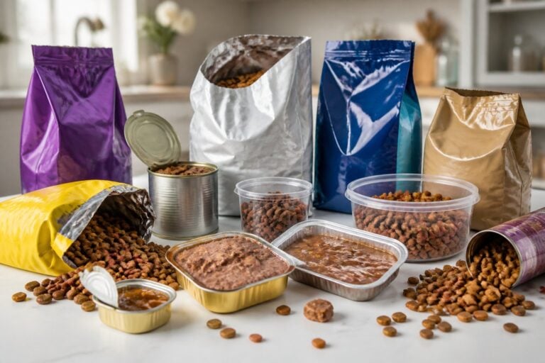 Various generic cat food containers and spilled food displayed on a white surface with a blurred kitchen background.