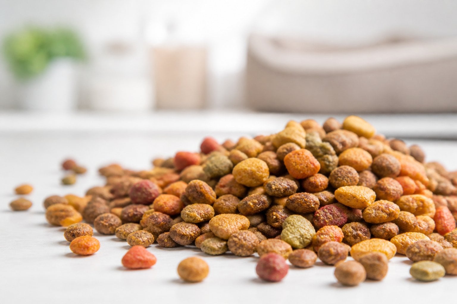 Close-up of dry cat food kibble scattered on a white surface with a softly blurred background.