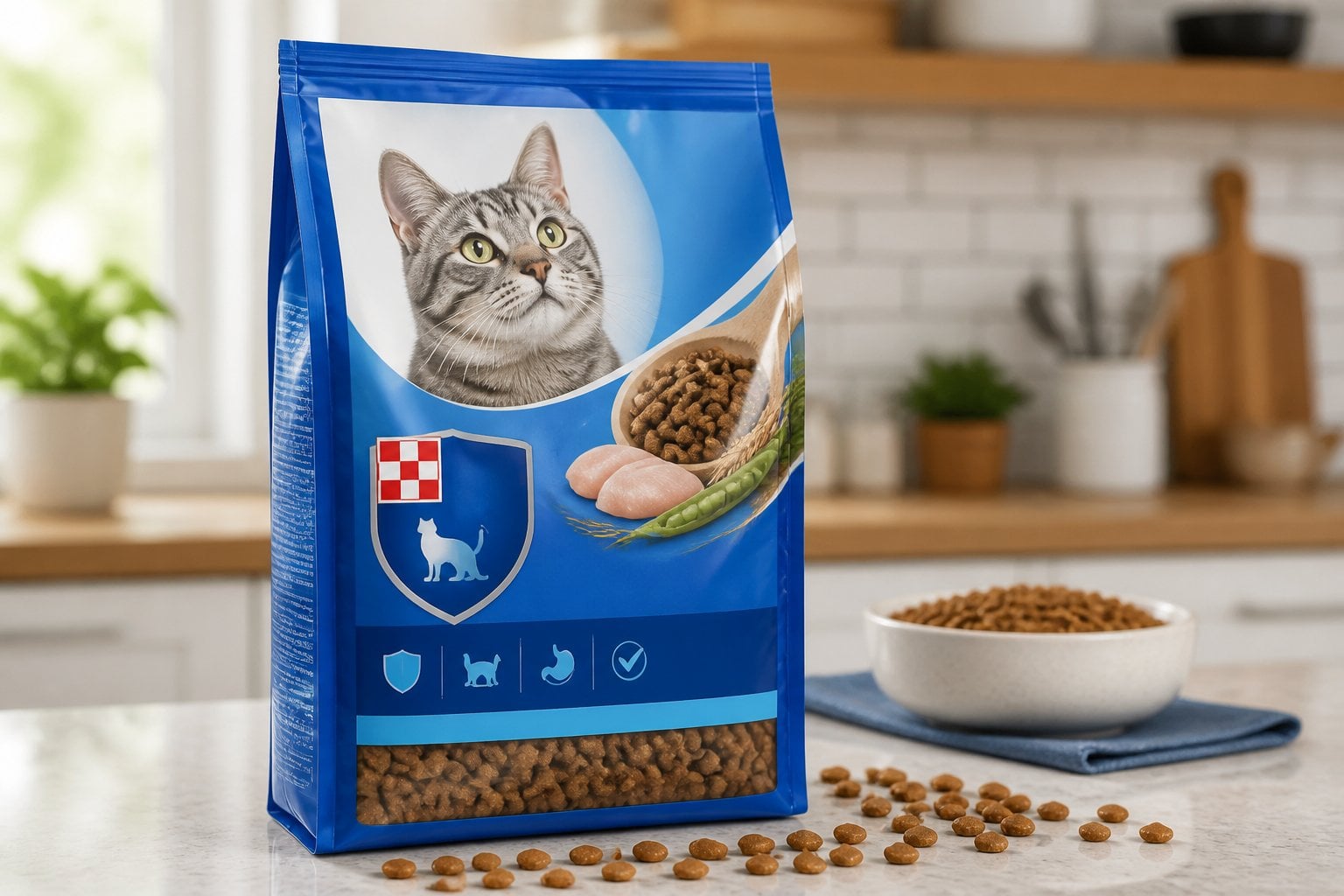 A bag of Purina Cat Chow dry cat food on a kitchen countertop with scattered kibbles and a blurred kitchen background.