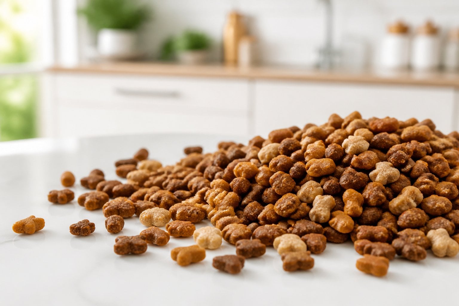 Close-up of dry cat food pellets scattered on a white surface with a blurred kitchen background.