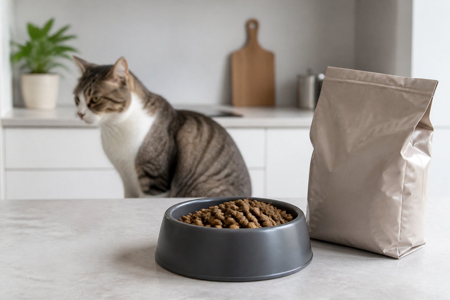 A cat turning away from a bowl of dry cat food on a kitchen countertop, with an unbranded pet food bag nearby.