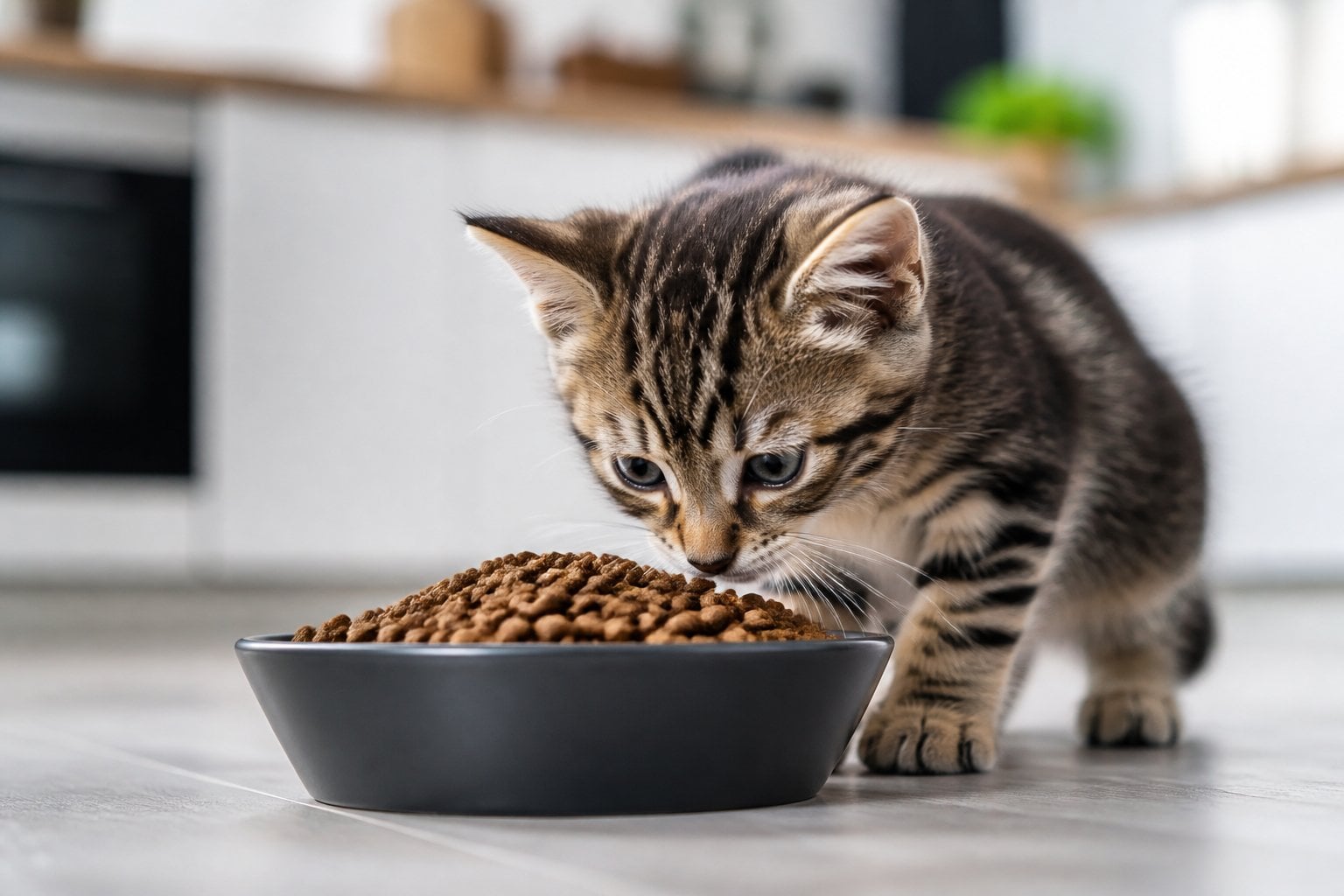 A kitten sniffing a bowl of dry kitten food in a kitchen.