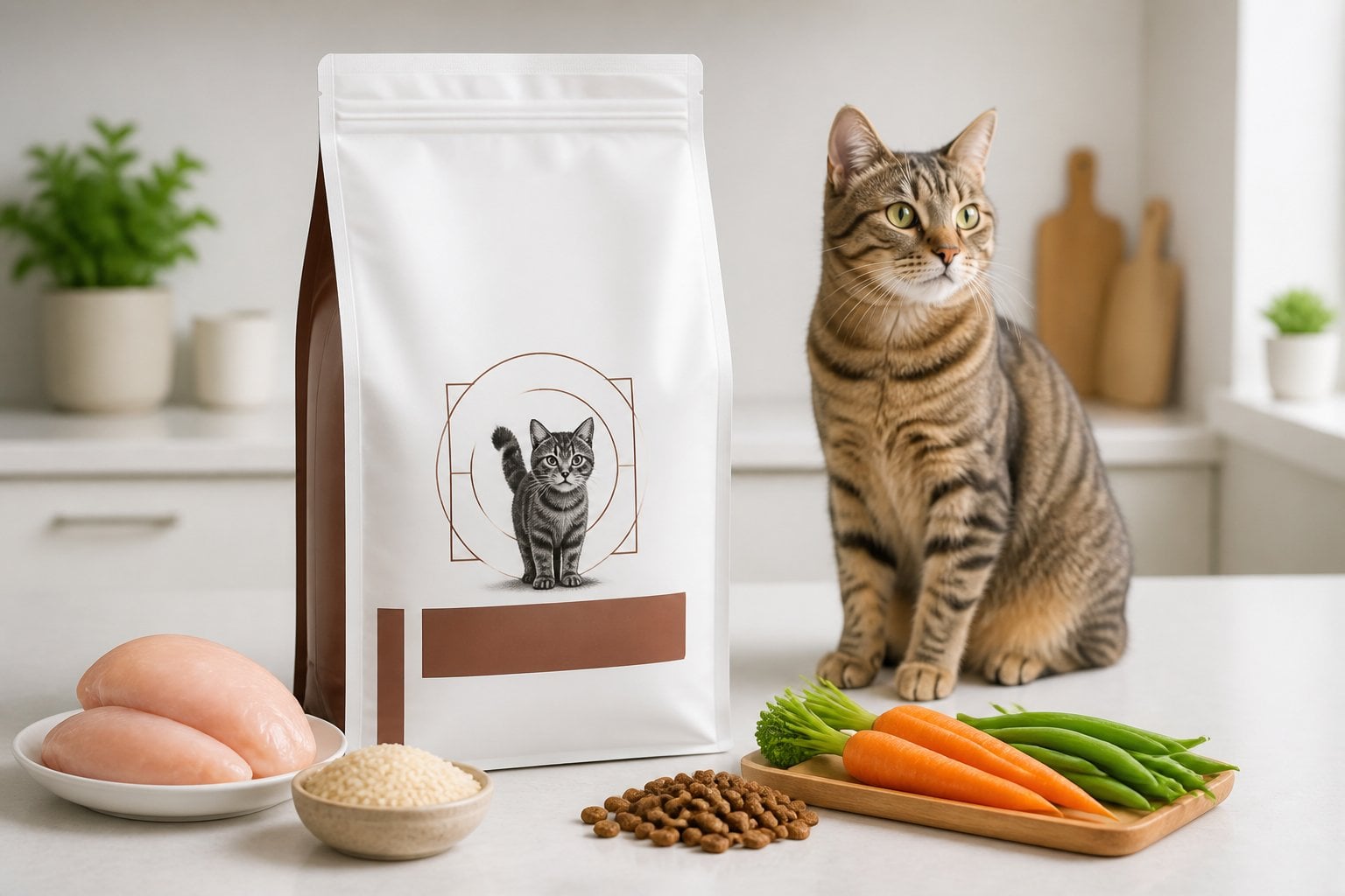 A bag of veterinary diet dry cat food next to fresh ingredients with a healthy cat sitting calmly in a bright kitchen setting.