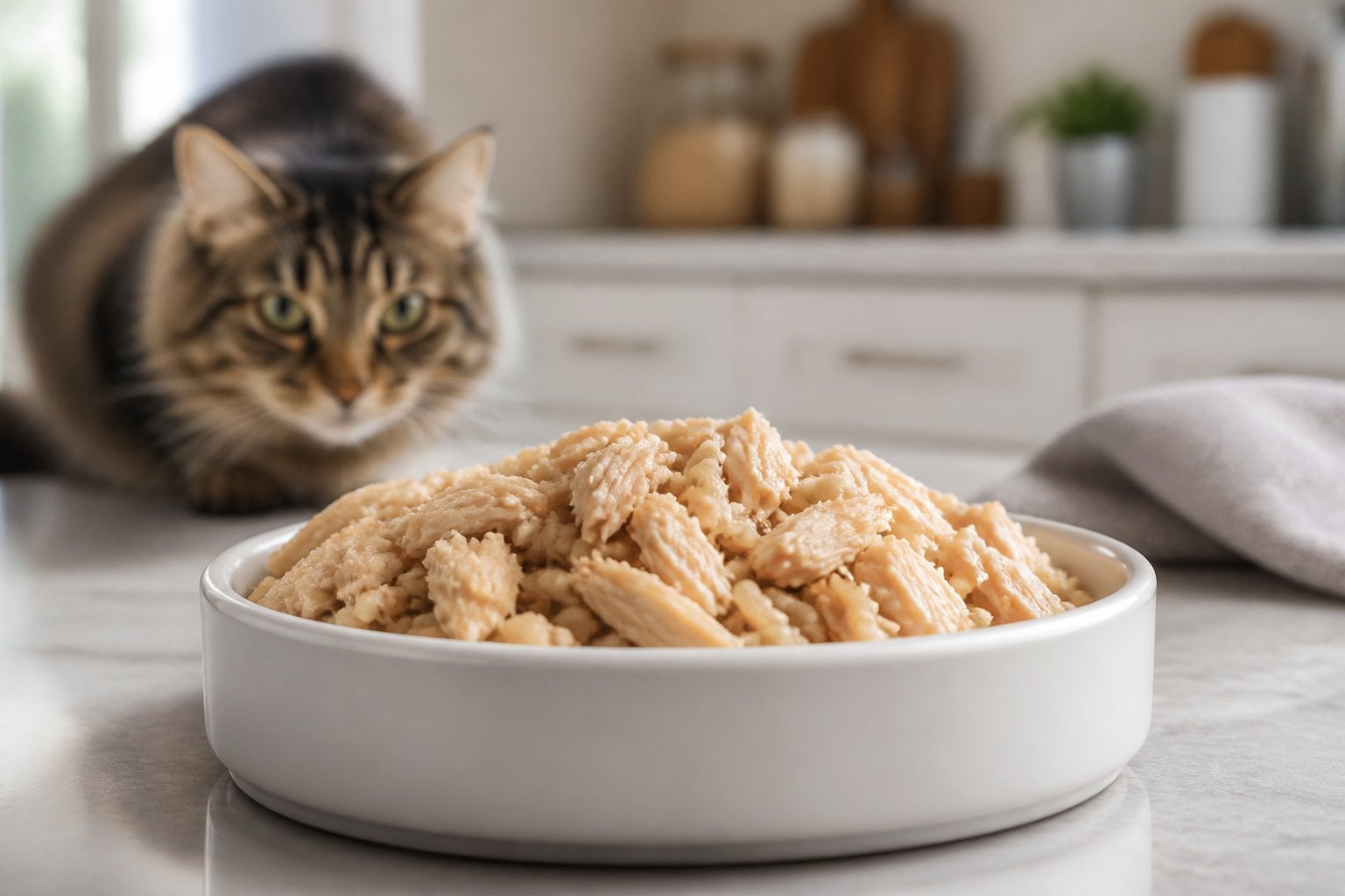A bowl of chicken and brown rice cat food on a kitchen countertop with a healthy cat nearby.