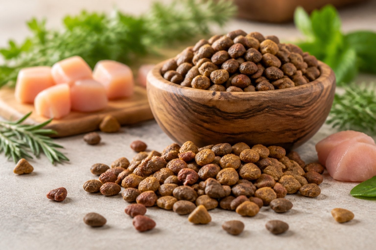 Close-up of dry cat food kibble scattered near a wooden bowl with fresh chicken pieces and green herbs on a neutral surface.