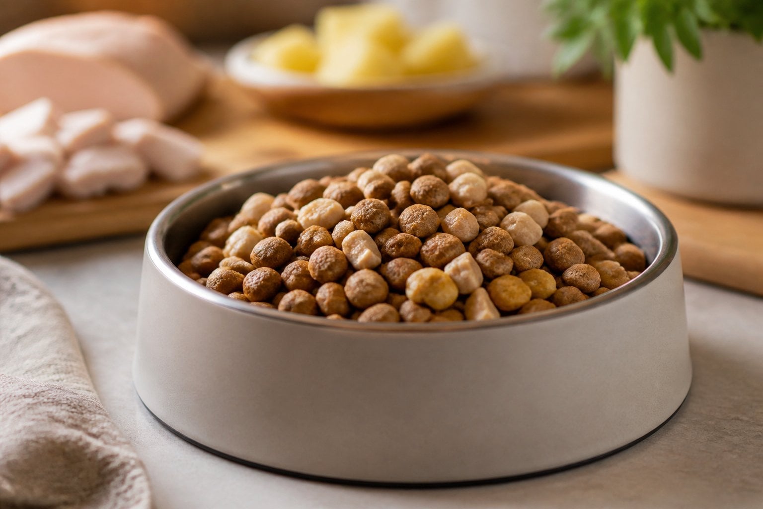 Close-up of a bowl filled with dry cat food on a countertop in a home setting.