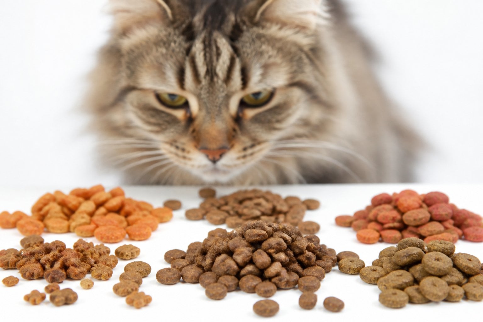 A close-up of dry cat food pieces scattered on a white surface with a concerned cat looking at the food in the background.