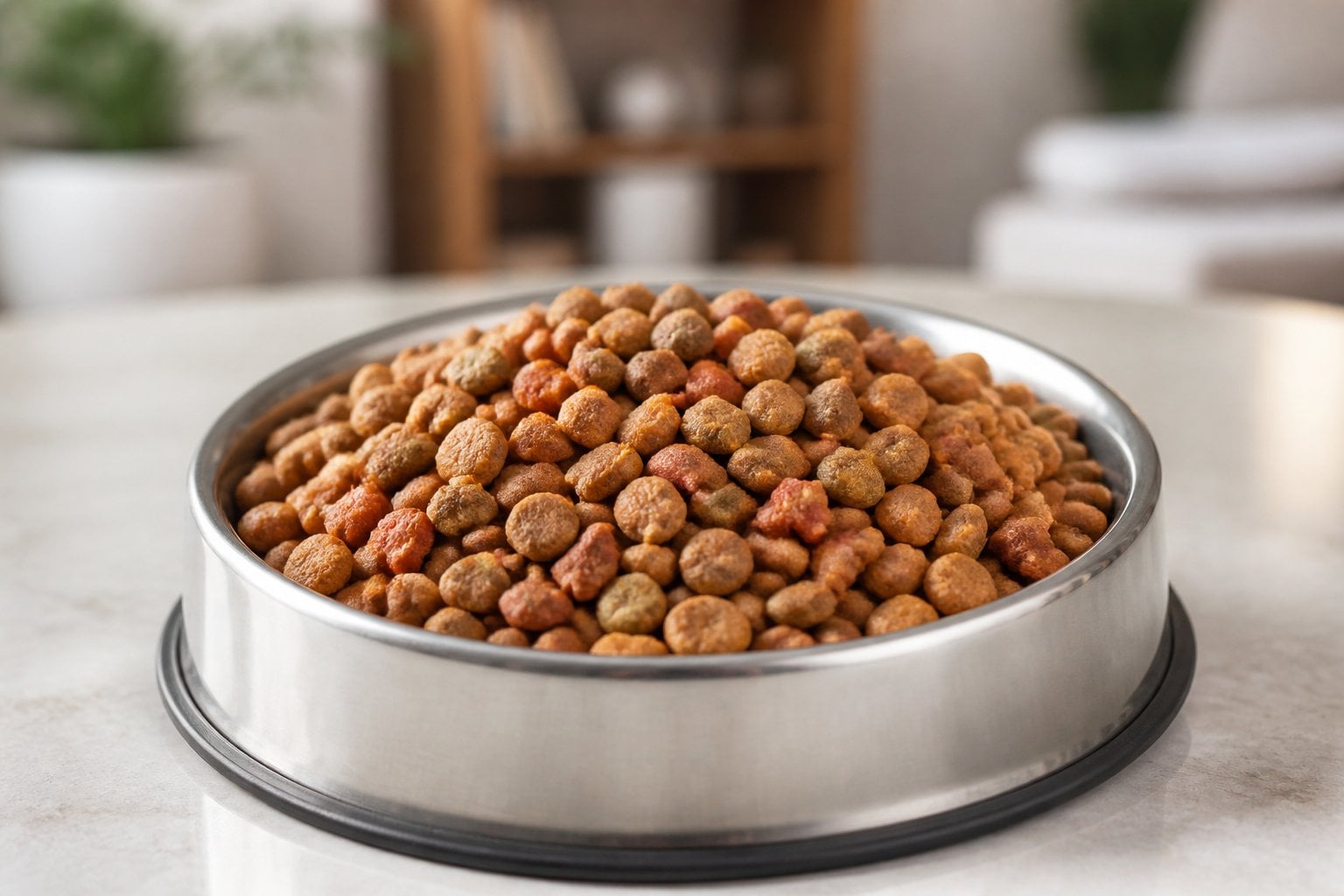 A bowl filled with dry cat food kibble on a neutral surface with a blurred indoor background.