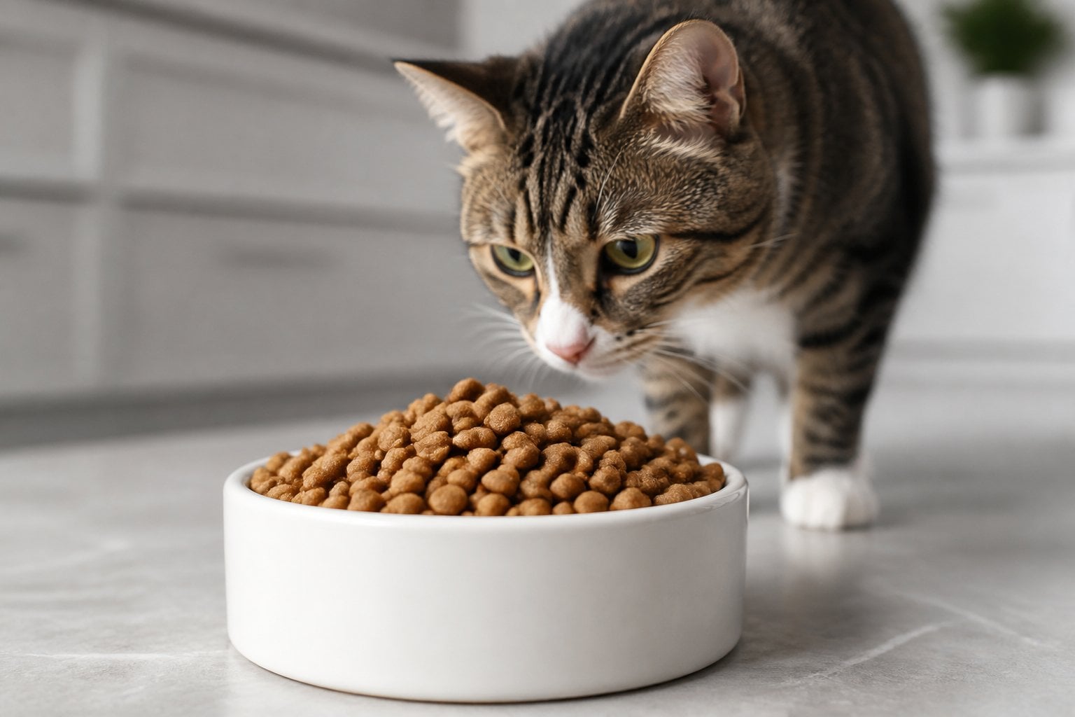 A domestic cat looking at a bowl filled with dry chicken-flavored cat food on a kitchen countertop.