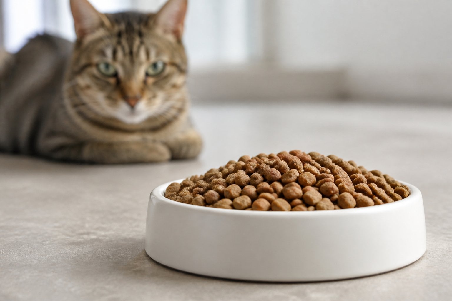 A bowl of dry cat food kibble with an adult cat in the background looking at it.
