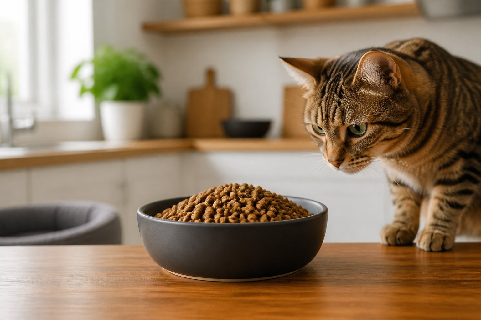 A bowl of dry cat food on a wooden table with an adult cat nearby in a bright kitchen.