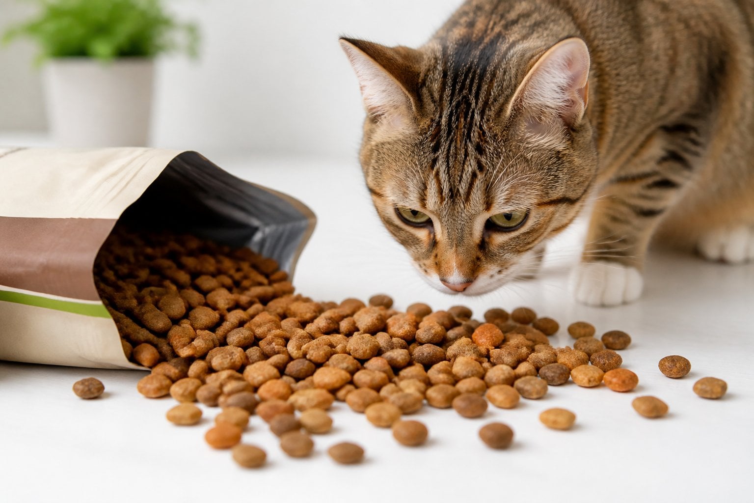 A healthy adult cat looking at dry cat food scattered on a white surface.