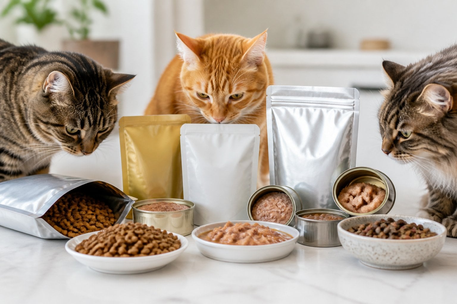 Several cats investigating various dry and soft processed cat foods displayed on a clean surface.