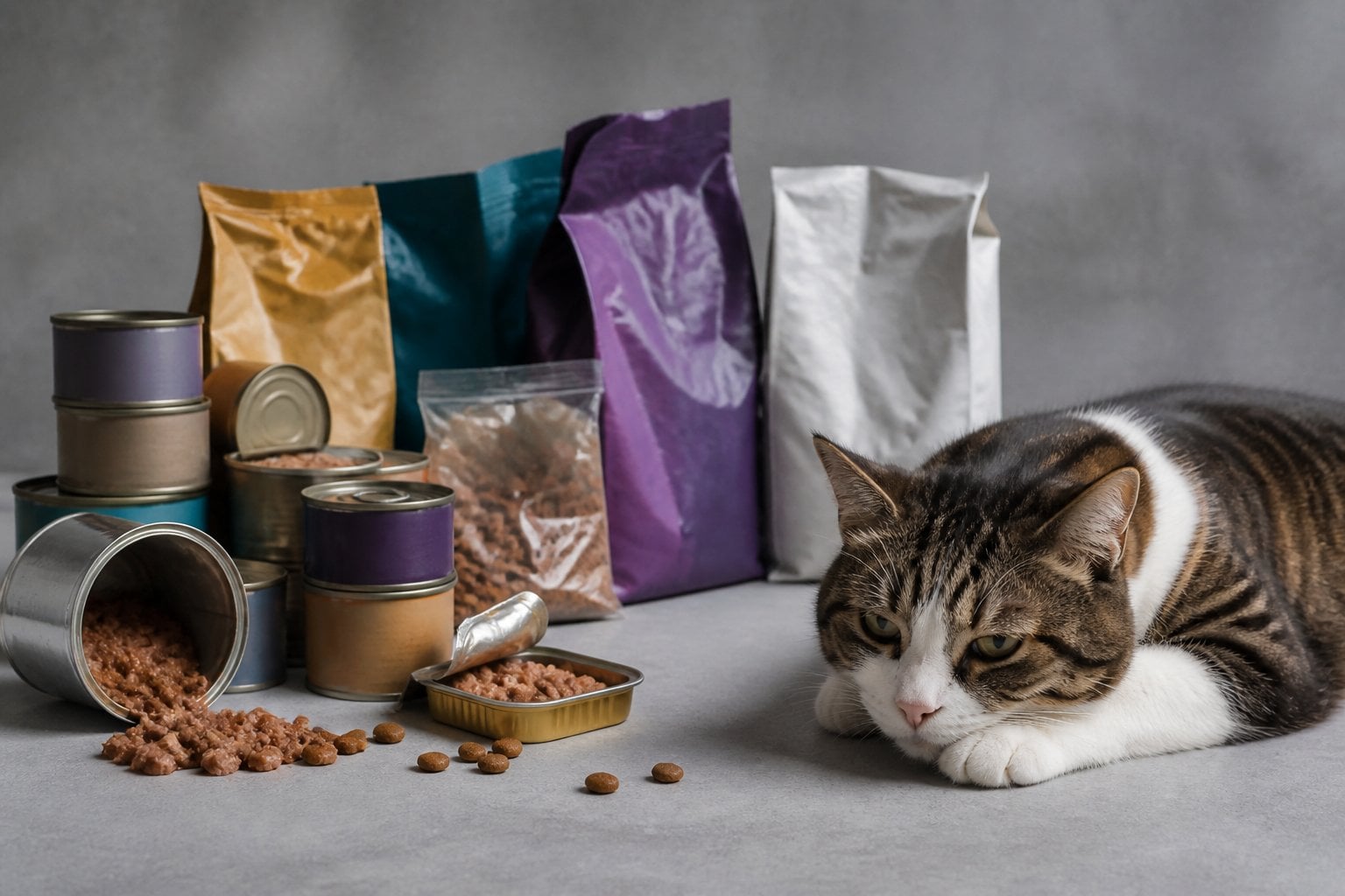 A domestic cat sits near several cans and bags of unappealing cat food with plain packaging, appearing uninterested.